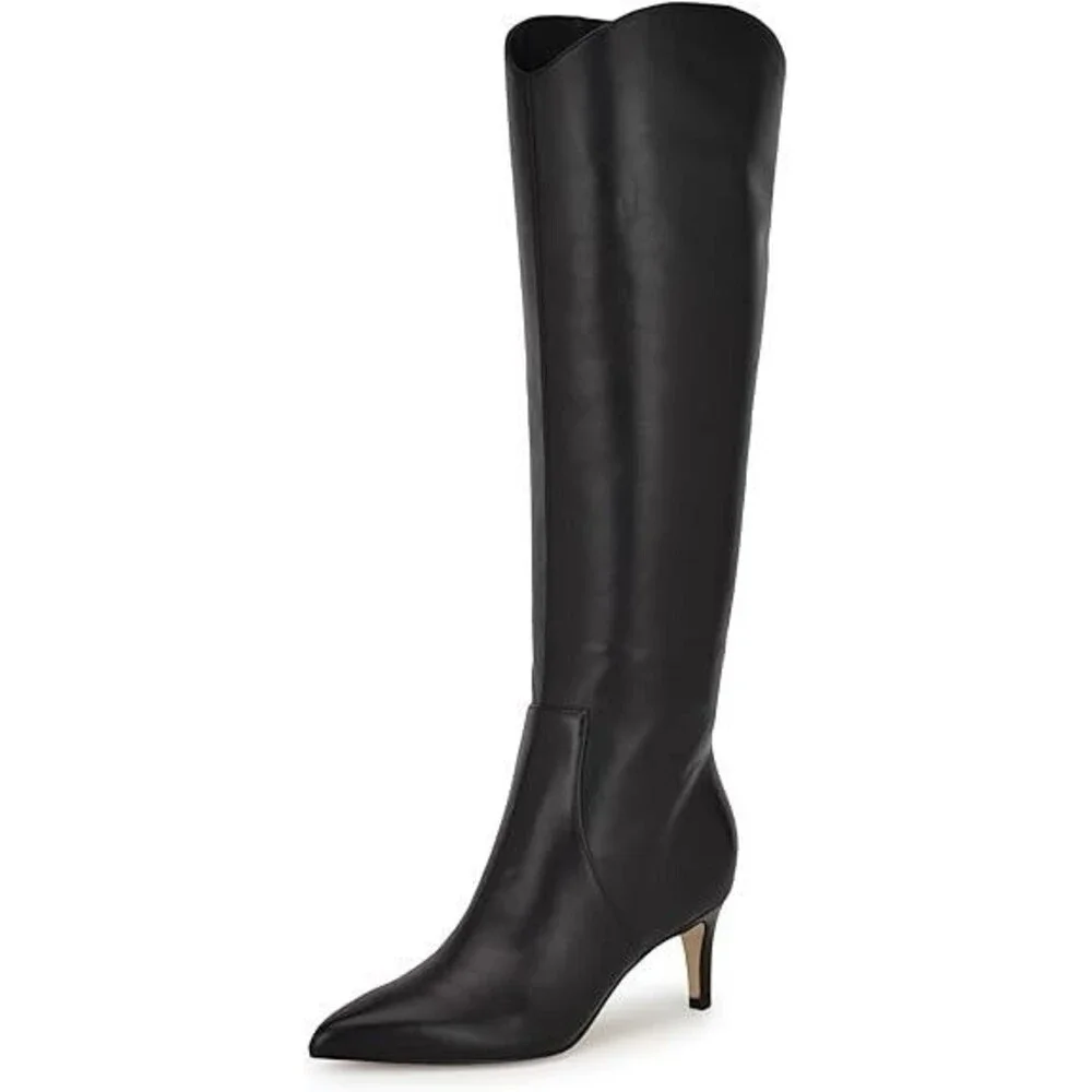 Nine West Sirena Knee High Boot Size 9.5 Black Leather Pointed Toe Stiletto Heel